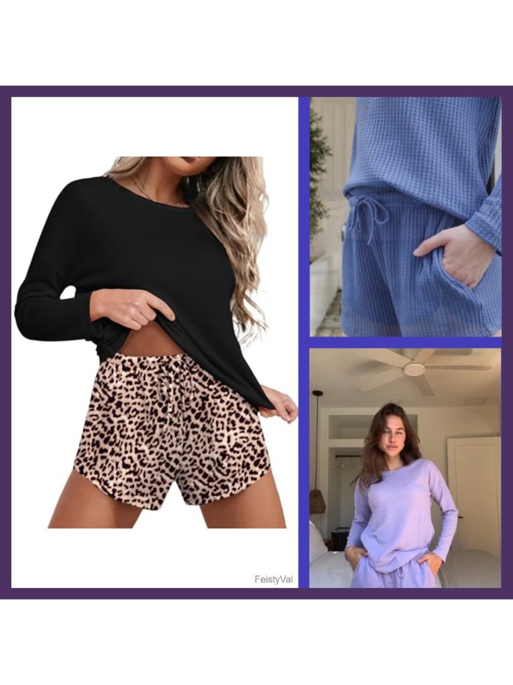 Waffle Knit Pajama Set Long Sleeve Top & Shorts Loungewear